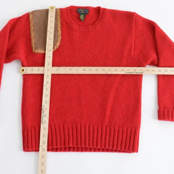 Vintage Charter Club  Red 100% Wool w/ Suede Patch Knit Crewneck Sweater L - Picture 4 of 12
